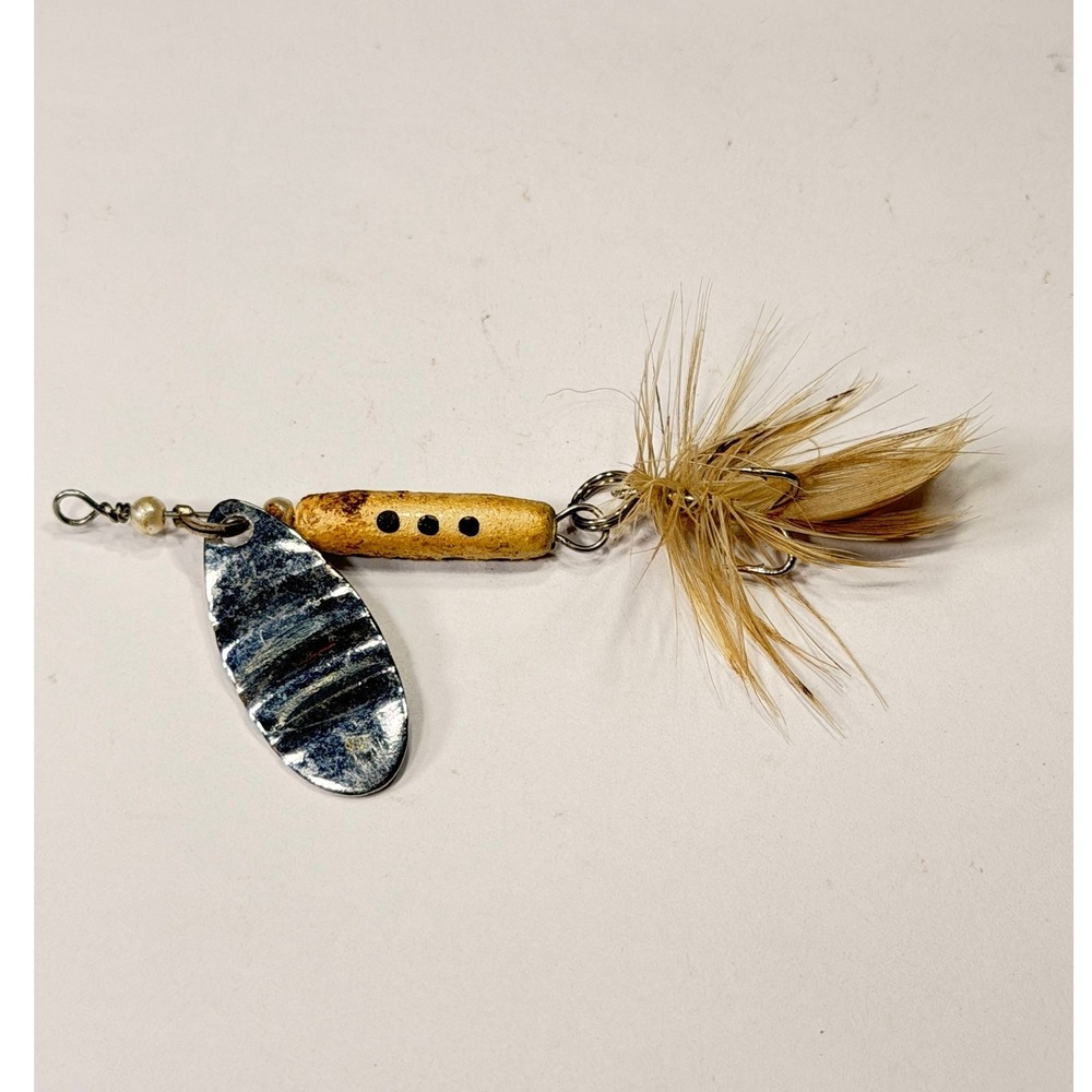 Vintage Inline Spinner Fishing Lure Hammered Chrome Blade Feathered Treble Hook